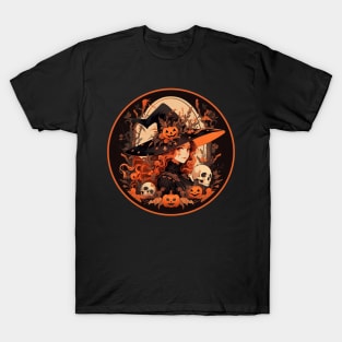 Spice, Sass, and Witchy Class: Orange, Black, Witch, Pumpkins, and Skulls T-Shirt
